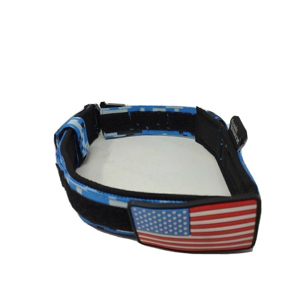Dog Collar Blue Urban Camo With Flag Adjustable with Quick Release Fits 7 inch